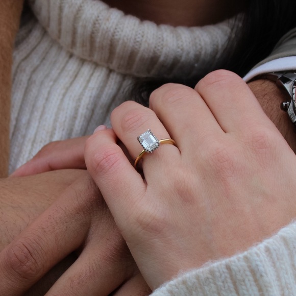 Gold Bridal Set- 2CT Emerald Cut Engagement Ring &White Gold Wedding Band - Picture 7 of 9